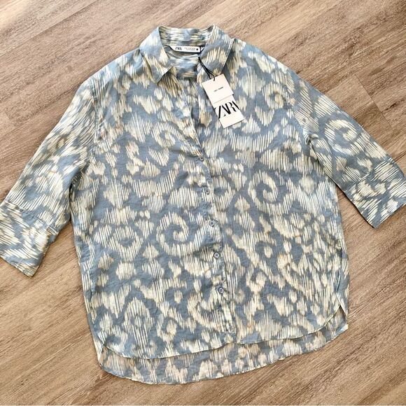 Zara 100% Ramie Oversize Button Up 3/4 Sleeve Shirt Size XS NWT - Picture 4 of 7